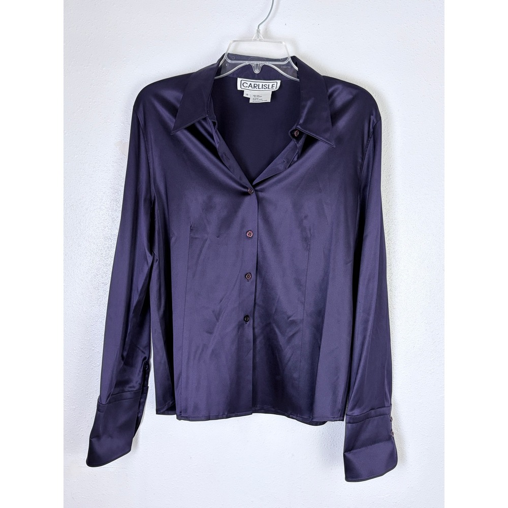 Carlisle Purple Stretch Silk Button Down Blouse Double Button Cuffs Size 14